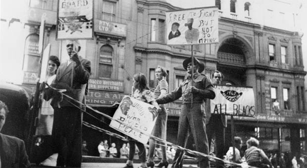 Ex-soldier and Aboriginal activist Herbert Groves wearing his World War 2 uniform as protest on the Australian Aborigines League float in the 1947 May Day procession (Photograph courtesy Australian War Memorial, P01248.001)