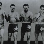 The six Sands brothers in fighting poses - Clem, Ritchie, George, Dave, Alf and Russell, 1943-1952 (Courtesy National Library of Australia, https://nla.gov.au/nla.obj-148524597)