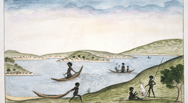 Local Aboriginal people in bark canoes on Sydney Harbour, depicted by the Port Jackoson painter c1790 (image courtesy Thomas Watling Collection, Natural History Museum, London - 012643)
