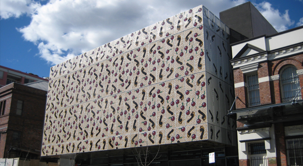 Exterior of the building for Gadigal Information Services designed by Tonkin Zulaikha Greer, with artwork by Adam Hill (photograph courtesy City of Sydney)