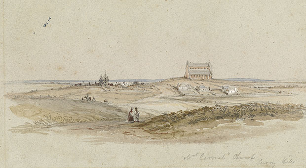 Mount Carmel Catholic Church at Waterloo, painted by Conrad Martens in 1836 (image courtesy State Library of NSW, DGD 8)