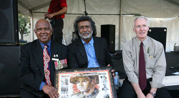 L-R Harry Allie (Retired Member of the Australian Air Force and NSW Centenary of ANZAC Ambassador), Pastor Ray Minniecon and Coloured Diggers Media Officer Don Stewart