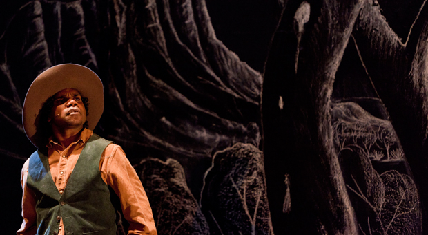 Actor Derek Lynch in a production of Namatjira at the Belvoir St Theatre in 2010 (photography by Brett Boardman, courtesy Belvoir St Theatre)